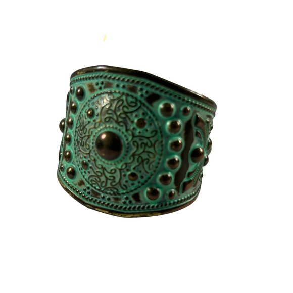 Brass Stamped Wide Cuff Bracelet Verdigris Southwestern Statement Junk Gypsy - Picture 1 of 13
